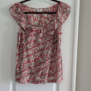 Elegant Floral Ruffle Blouse - Red and White
